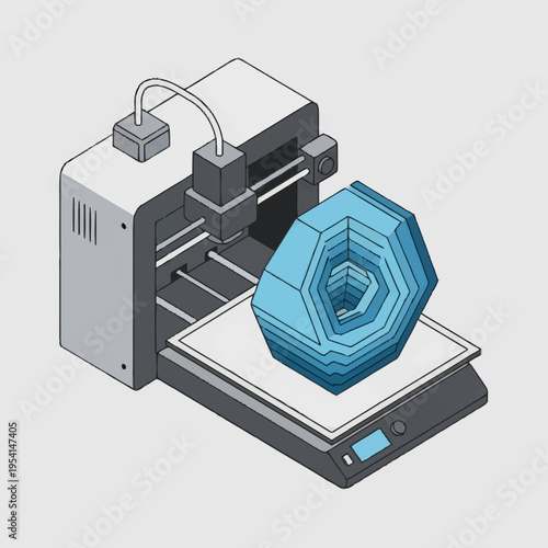 Isometric illustration of a 3D printer creating a blue geometric object.