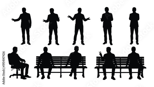 Silhouette illustrations of people in various poses on and near benches