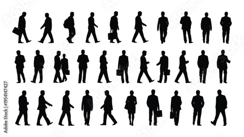 Collection of business people walking silhouettes in various poses and directions