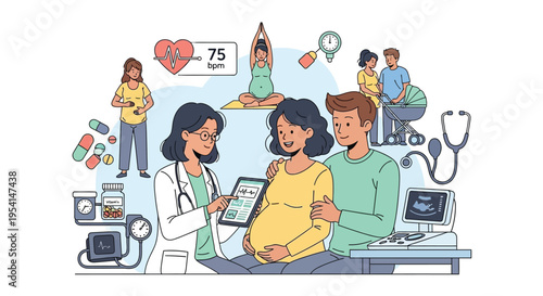 A doctor explains a pregnancy scan to a pregnant woman and her partner in a clinic