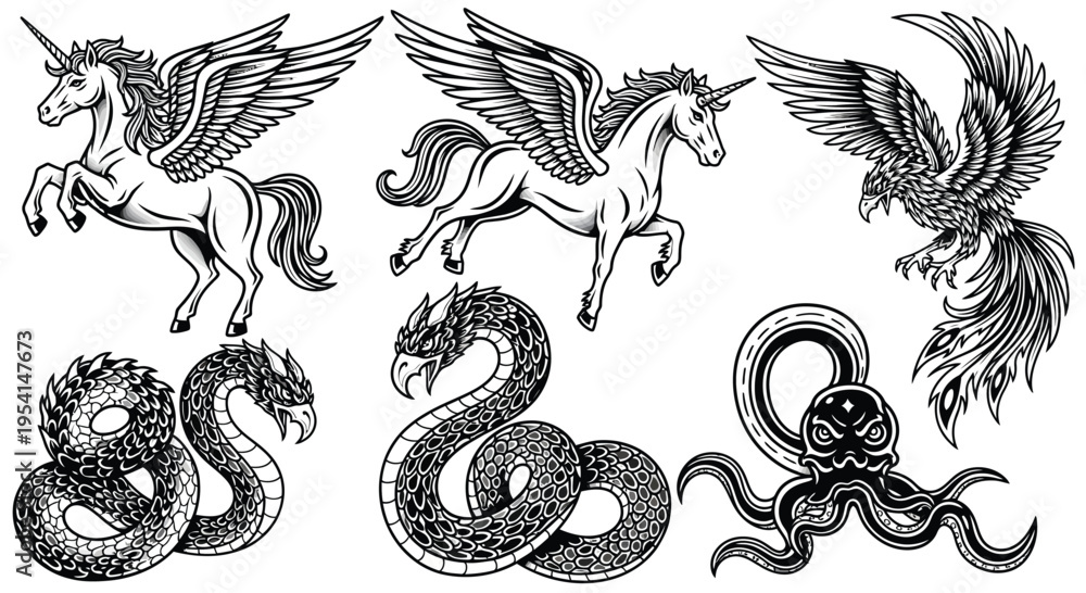 Fototapeta premium Mythical creatures including a winged horse, a bird, a snake, and an octopus are illustrated.