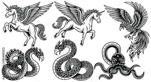 Mythical creatures including a winged horse, a bird, a snake, and an octopus are illustrated.