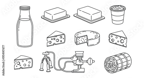 The illustration depicts various types of cheese and dairy products on display.