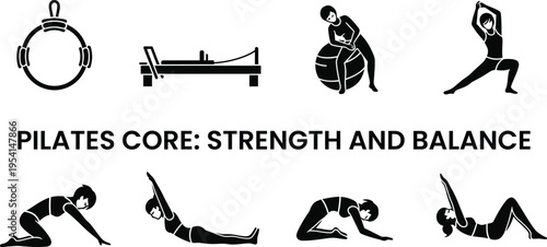 Silhouette icons set for pilates core strength and balance exercises
