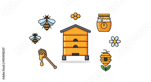 Colorful illustration of a beehive.