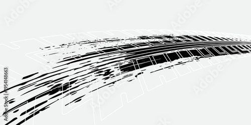 Tire track. Car, bike, motorcycle tyre mark with grunge effect isolated on white background. Wheel footprint on the road. Top view of rubber protector mark.