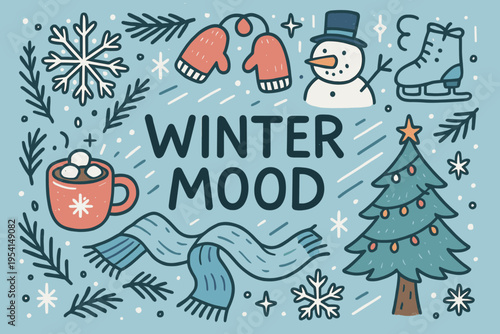 Cozy winter mood illustration with festive elements and warm drinks