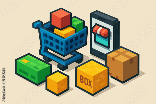 Pixel art shopping cart and mobile phone with boxes representing e-commerce and retail