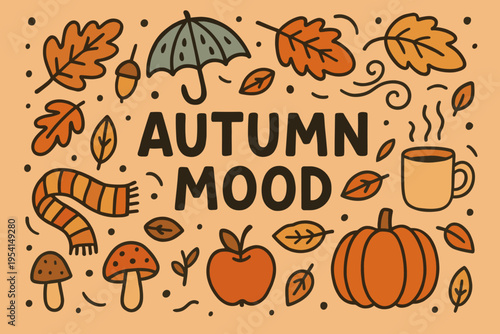 Autumn mood with cozy elements like scarf, umbrella, and hot drink illustration