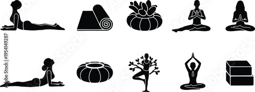 Silhouette icons set featuring various yoga poses and symbols