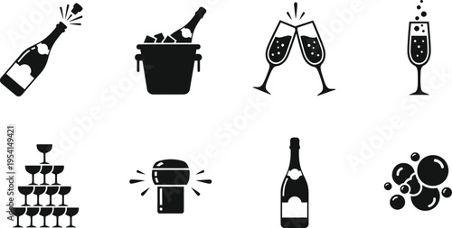 Silhouette icons set wine and champagne collection with bottles glasses and accessories
