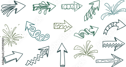 Abstract hand drawn arrows collection doodle sketch style pointer variety green blue colors