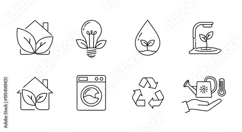 Eco friendly icons depict a washing machine and recycling symbols with plants, a faucet, and a house with leaves.