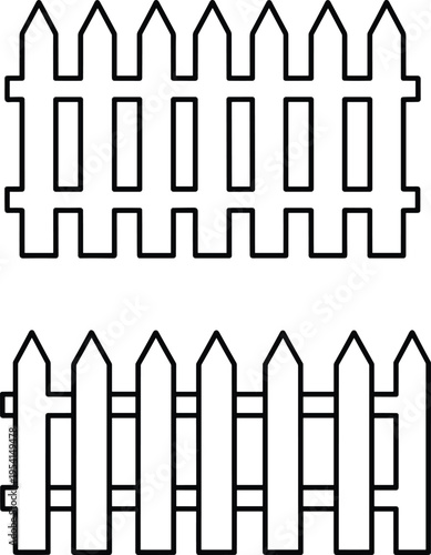 Black and white wooden picket fence outline illustrations isolated on white background, featuring simple garden barrier designs for yard, outdoor and boundary concepts