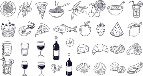 Professional Gastronomy Vector Illustration Set Featuring Gourmet Lobster Croissants Pizza and Coffee for Restaurant Menus and Culinary Marketing Branding