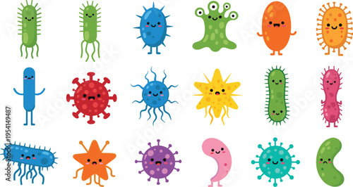Professional Cute Kawaii Microbe Vector Character Set Featuring Colorful Bacteria Viruses and Germs for Educational Pediatric Health and Science Branding