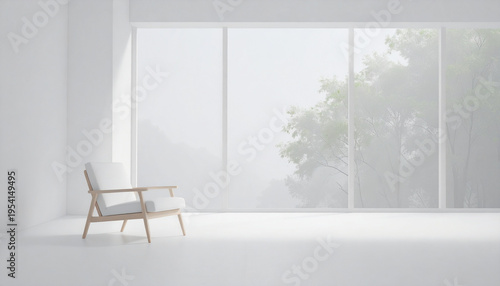 Solitary chair minimalist white room large window forest vista