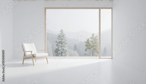 Lone chair minimalist white room snowy forest window view