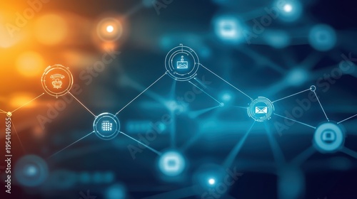 Futuristic digital network connecting glowing technology icons with soft blue and orange light