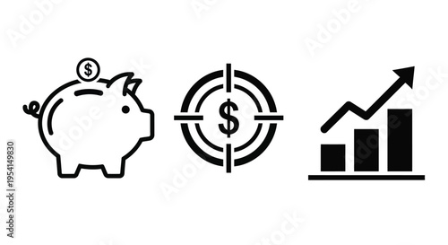 A piggy bank with a coin on top is placed next to a target with a dollar sign and a growing graph.