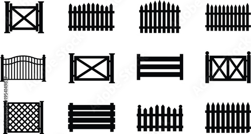 Collection of wooden fence and gate silhouettes including picket, crossbar and lattice designs isolated on white background for garden, yard and outdoor boundary concepts