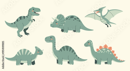 Dinosaurs are standing and flying in a group on a plain
