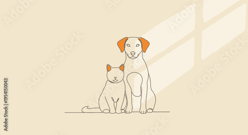 Dog and cat companionship minimalist illustration in warm light