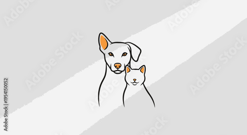 Dog and cat cartoon illustration of friendly pets with white and orange details