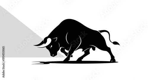 Bold silhouette of a bull charging forward on a white background