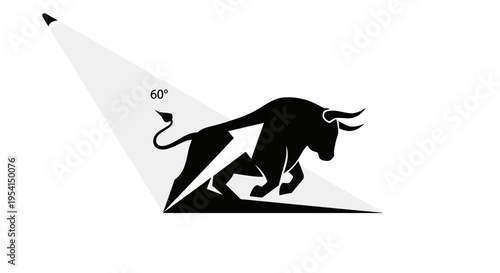 Silhouette of charging bull illuminated by spotlight with graphic arrow symbol