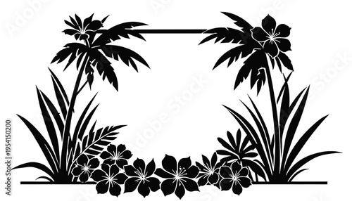 Tropical palm frame silhouette with floral border in black style, decorative island design perfect for invitations, cards, summer themes and vector illustration use.