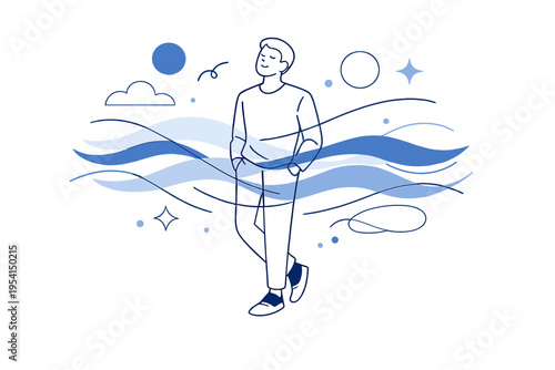 Serene Acceptance Art. Calm acceptance. A relaxed figure standing still while abstract waves pass gently