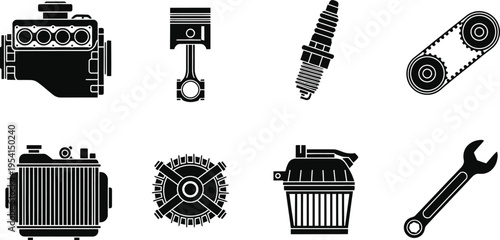 Silhouette icons set of industrial and mechanical tools and parts in black color
