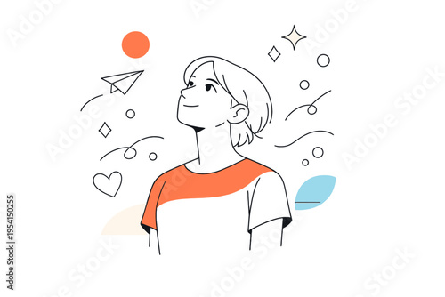 Quiet Optimism Illustration. Quiet optimism. A calm figure looking forward with a soft upward gaze, small
