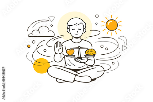 Image Generation. Emotional self control. A figure holding a small balanced shape between heart and head,