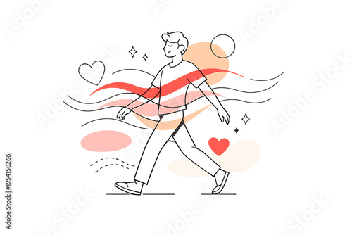 Image Generation. Emotional flow. A relaxed figure moving forward as smooth wave-like lines pass naturally