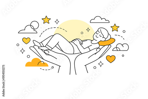 Image Generation. Feeling supported. Two hands gently placed under a relaxed figure, lifting slightly without