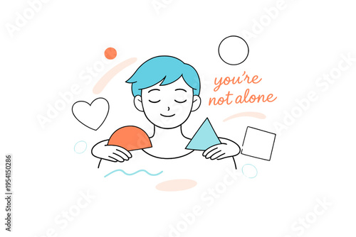 Image Generation. Feeling supported. A calm face with a soft smile, balanced shapes gently touching the