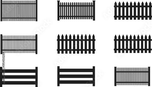 Collection of wooden fence silhouettes and picket barrier designs isolated on white background, featuring classic garden, yard and outdoor boundary elements for landscaping