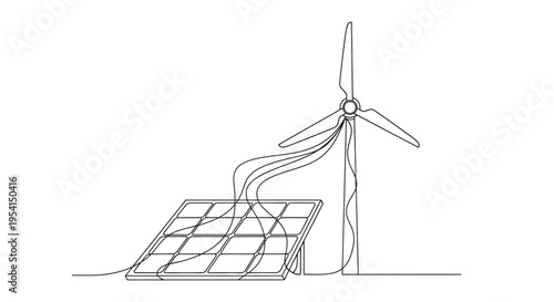 A solar panel and wind turbine generate power in a clean energy setup.