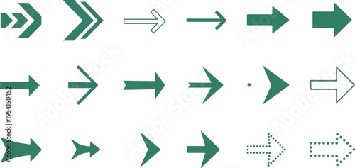 Collection of green geometric arrows with various shapes and styles on checkered background