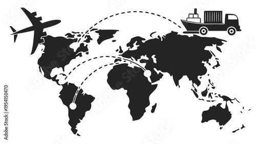 A black and white vector graphic illustration of a world map with transportation icons