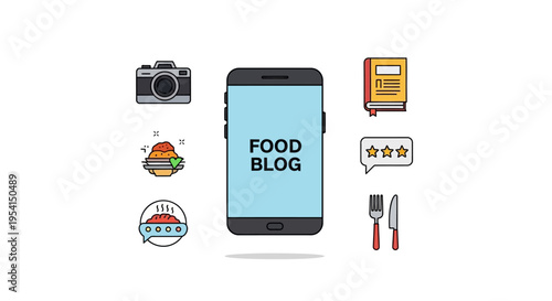 Smartphone with food blog on screen.