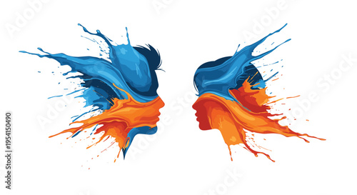 Two abstract human face profiles, formed by dynamic blue and orange paint splatters, are depicted facing each other on a white background.