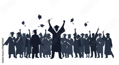 A large group of graduate silhouettes in caps and gowns stands with raised arms and throwing caps into the air on a light background.