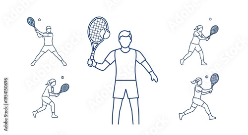Tennis player with multiple rackets swinging.