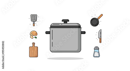 Cooking Pot With Kitchen Utensils Around.