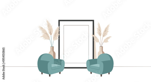 Two teal armchairs face a large blank picture frame, flanked by vases of pampas grass, on a white background.