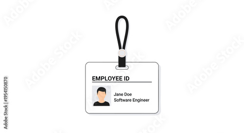 A white employee ID card with a black lanyard displays Jane Doe, Software Engineer on a white background.