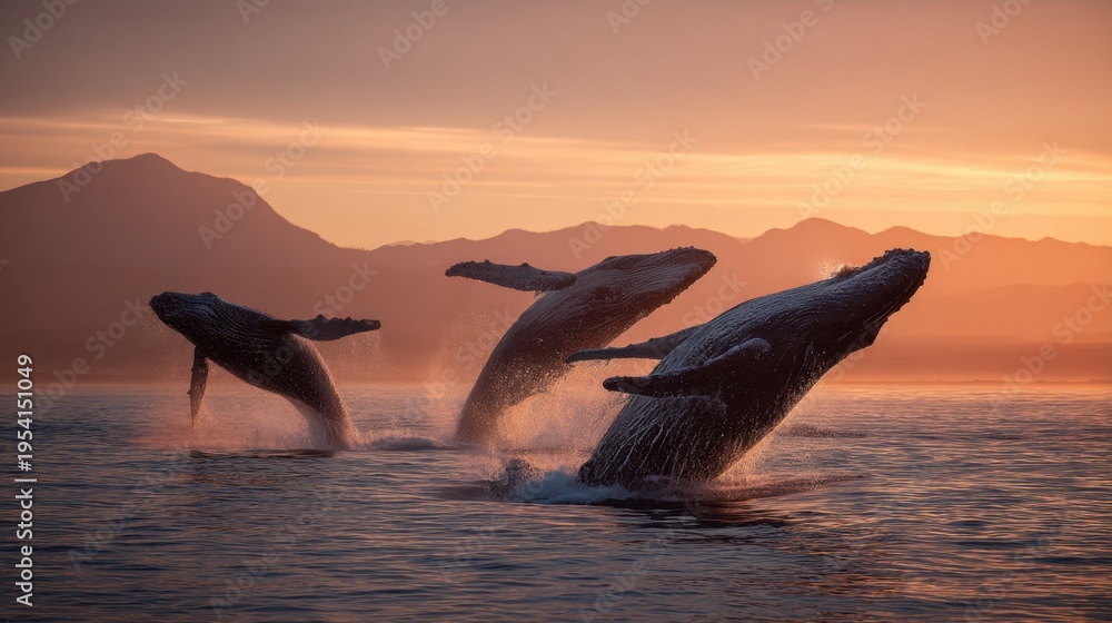Fototapeta premium Humpback whales breaching at sunset near coastal mountains